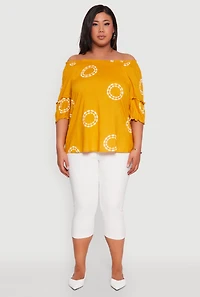 Womens Plus Circle Print Off The Shoulder Top, Yellow,