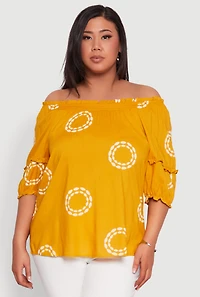 Womens Plus Circle Print Off The Shoulder Top, Yellow,