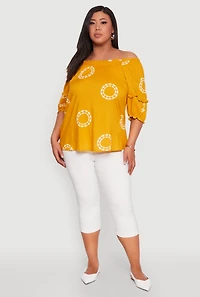 Womens Plus Circle Print Off The Shoulder Top, Yellow,