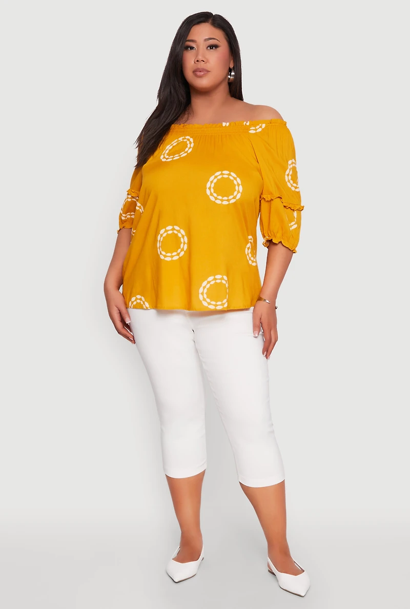 Womens Plus Size Circle Print Off The Shoulder Top, Yellow, Size 1X