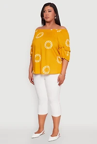 Womens Plus Circle Print Off The Shoulder Top, Yellow,