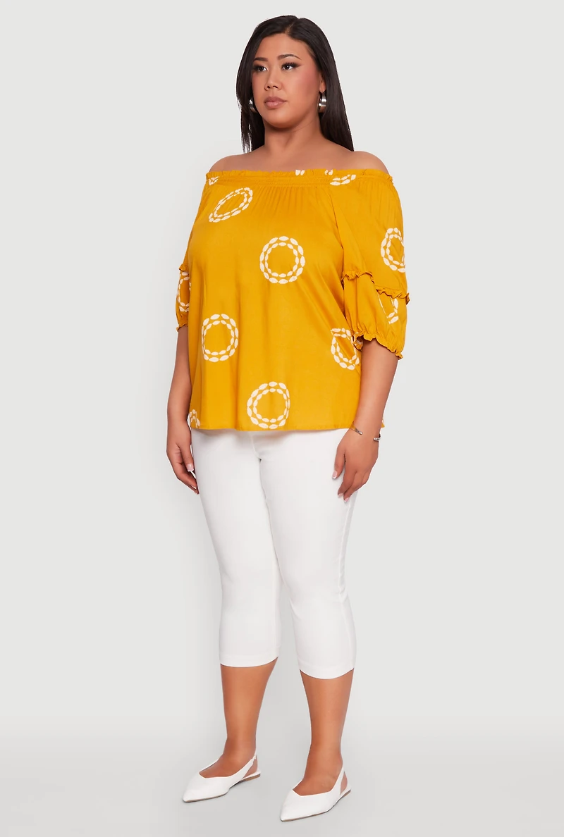 Womens Plus Size Circle Print Off The Shoulder Top, Yellow, Size 1X