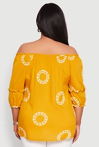 Womens Plus Circle Print Off The Shoulder Top, Yellow,