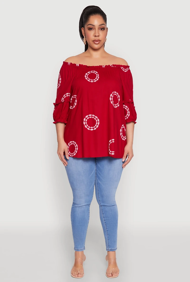 Womens Plus Size Circle Print Off The Shoulder Top, Red, Size 2X