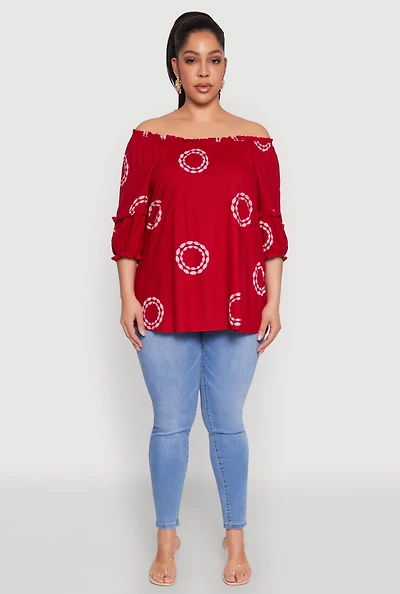 Womens Plus Size Circle Print Off The Shoulder Top, Red, Size 2X