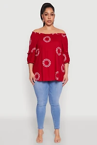 Womens Plus Size Circle Print Off The Shoulder Top, Red, Size 2X