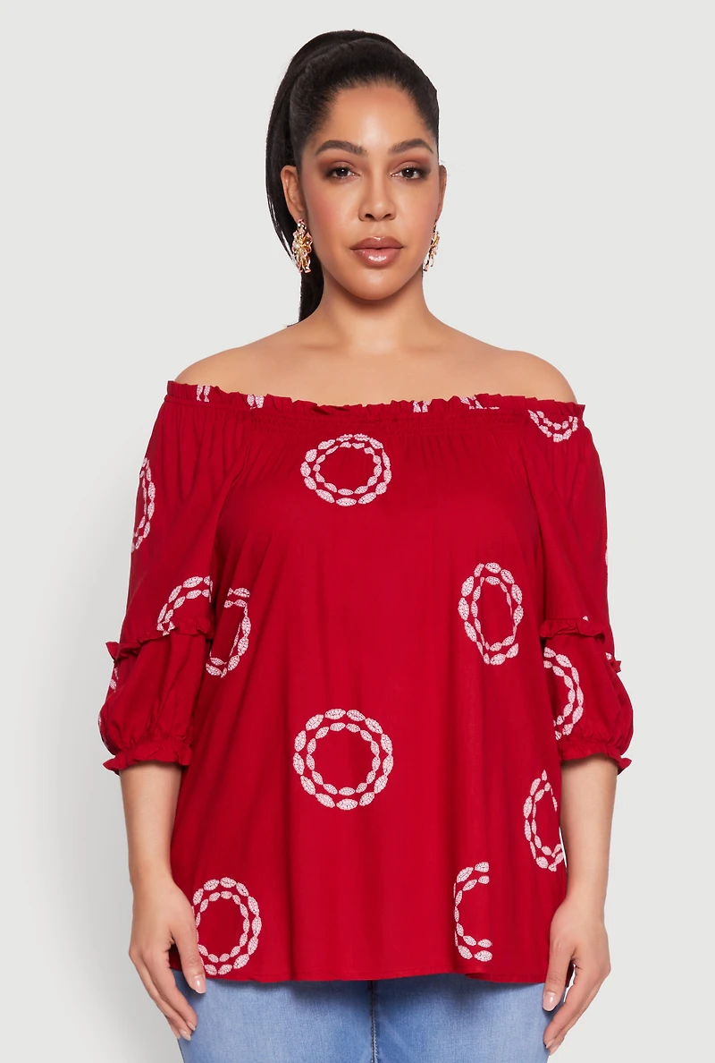Womens Plus Size Circle Print Off The Shoulder Top, Red, Size 2X