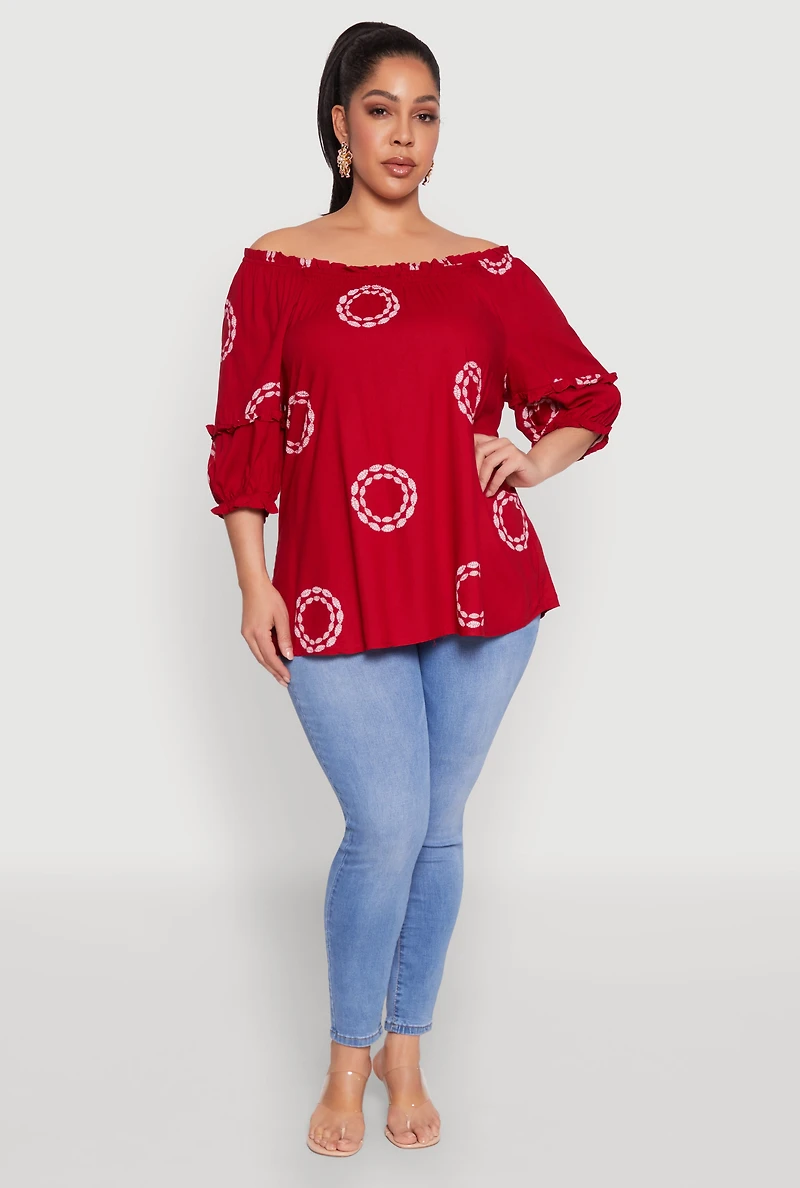 Womens Plus Circle Print Off The Shoulder Top, Red,