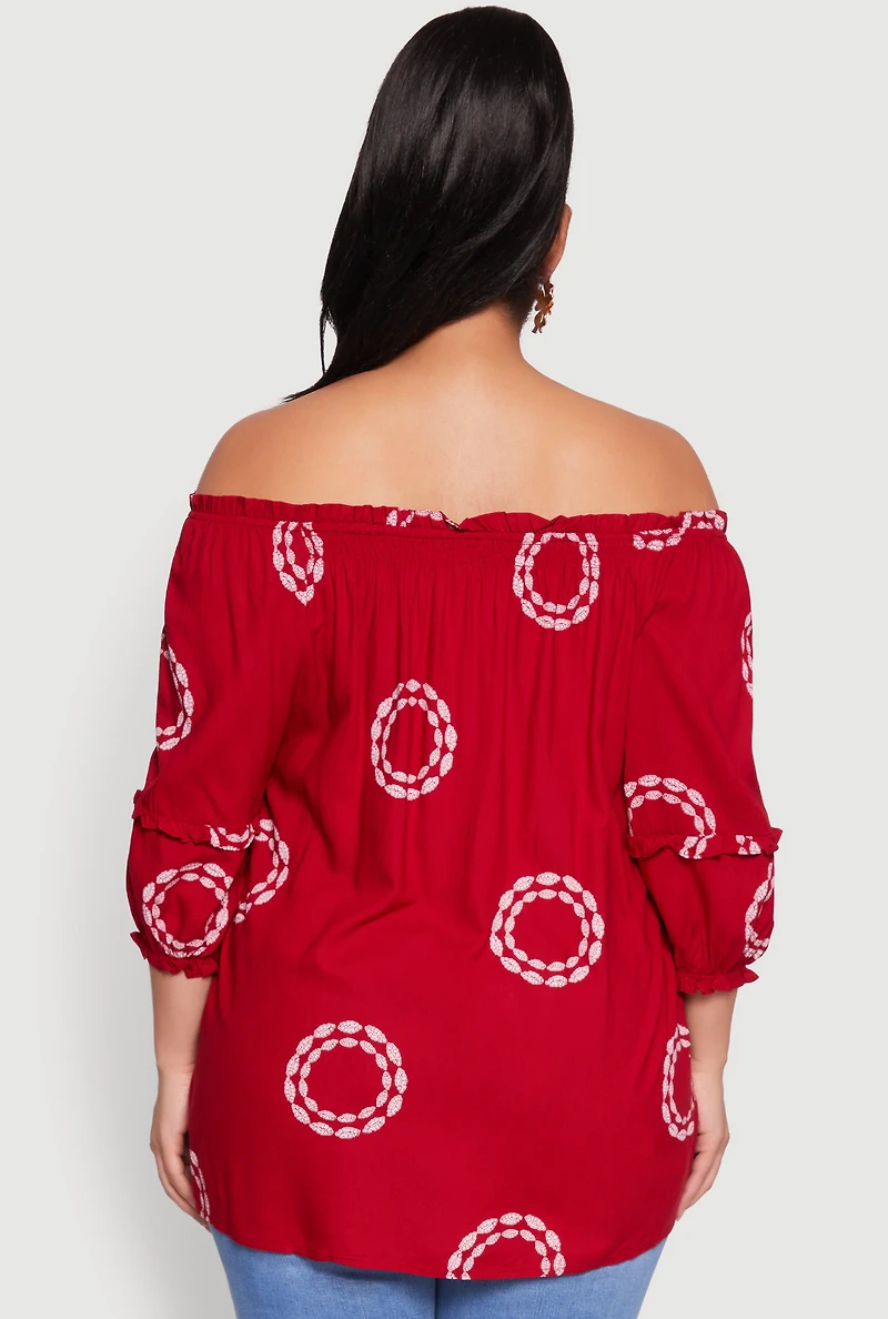 Womens Plus Size Circle Print Off The Shoulder Top, Red, Size 2X