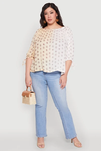 Womens Plus Size Ombre Flower Print Blouse, Beige, Size 2X