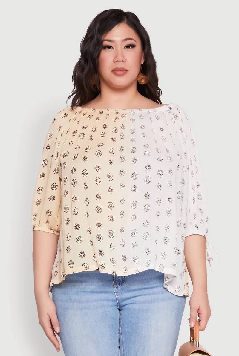 Womens Plus Size Ombre Flower Print Blouse, Beige, Size 2X