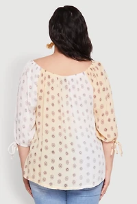 Womens Plus Size Ombre Flower Print Blouse, Beige, Size 2X