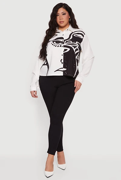 Plus Rhinestone Detail Abstract Face Graphic Blouse