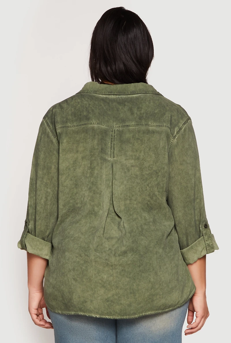 Plus Acid Wash Button Front Shirt