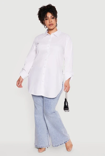 Plus Tabbed Long Sleeve Button Front Tunic Shirt