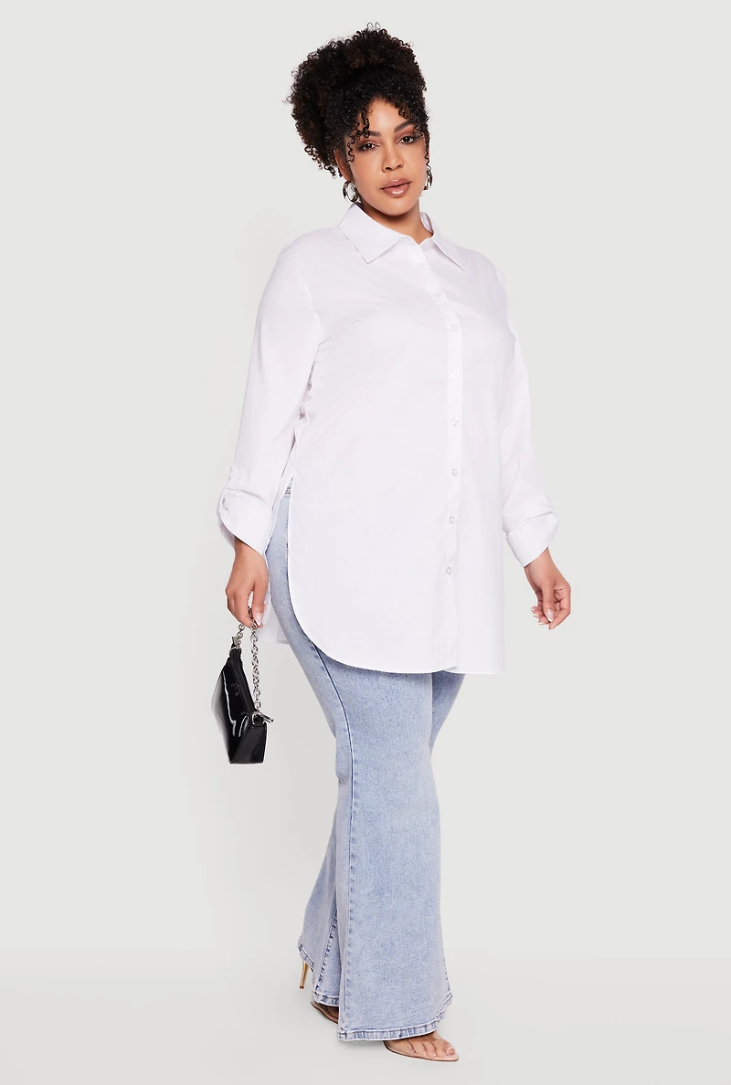 Plus Tabbed Long Sleeve Button Front Tunic Shirt