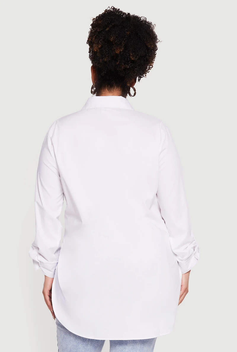 Plus Tabbed Long Sleeve Button Front Tunic Shirt