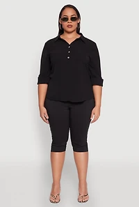 Womens Plus Airy Half Button Shirt,