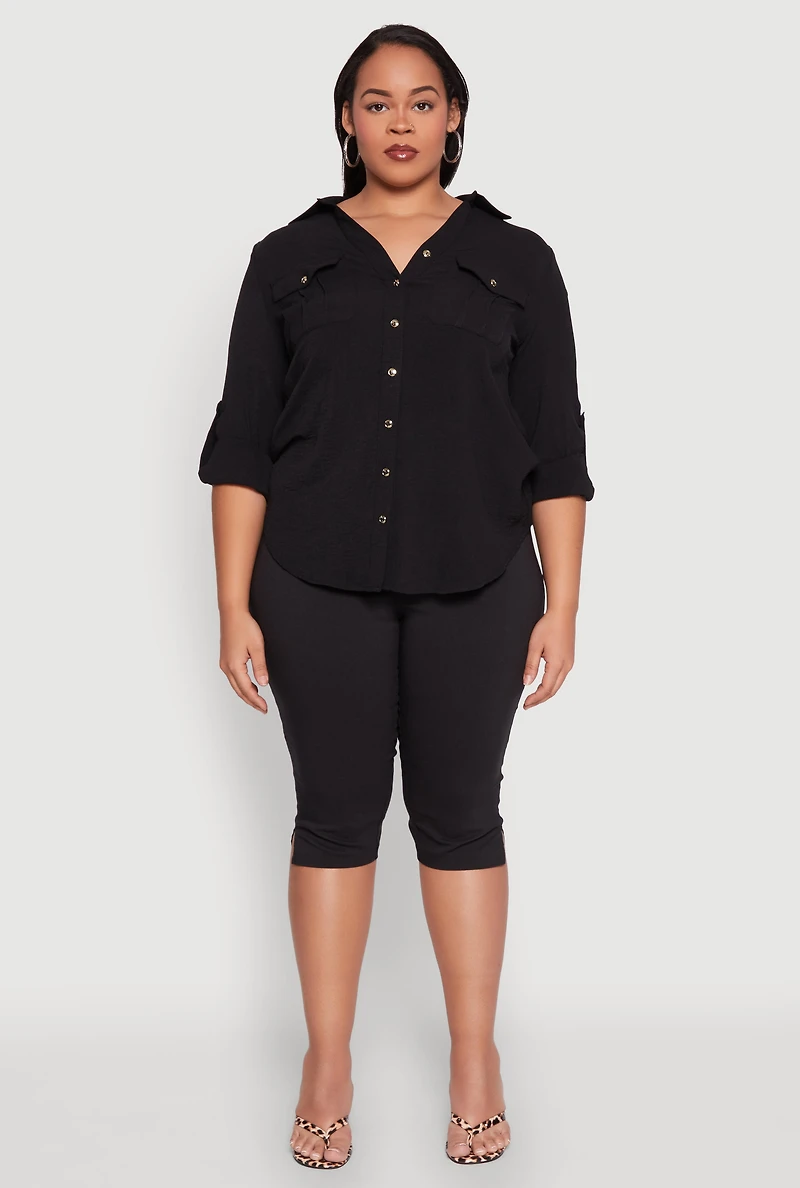 Plus Airy Tabbed Sleeve Shirt