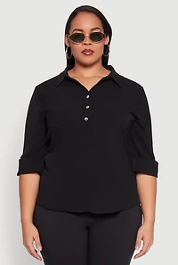 Womens Plus Airy Half Button Shirt,