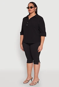 Womens Plus Airy Half Button Shirt,