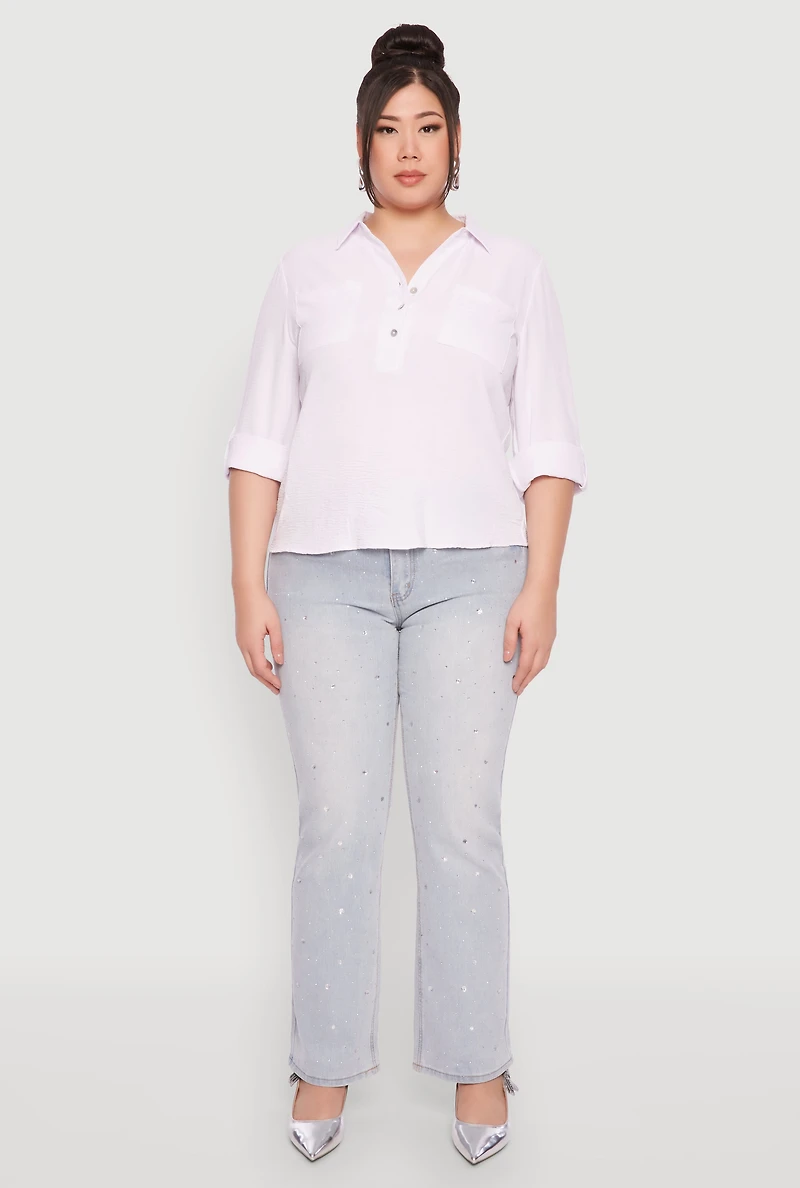 Womens Plus Size Airy Half Button Shirt, White, Size 2X