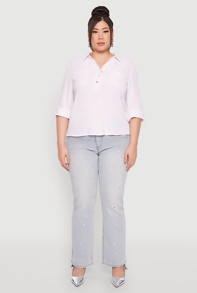Womens Plus Size Airy Half Button Shirt, White, Size 2X