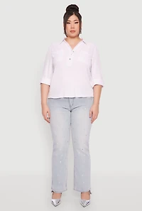 Womens Plus Size Airy Half Button Shirt, White, Size 2X