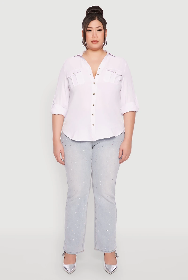 Womens Plus Airy Tabbed Sleeve Shirt, 2X