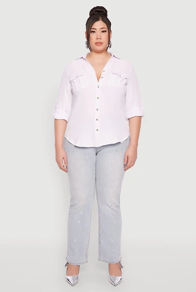 Womens Plus Airy Tabbed Sleeve Shirt, 2X
