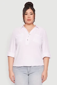 Womens Plus Size Airy Half Button Shirt, White, Size 2X