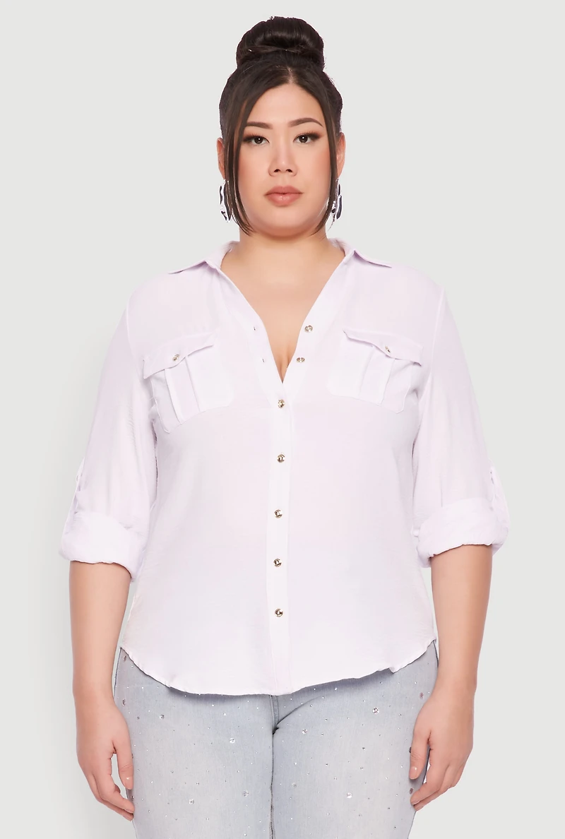 Womens Plus Airy Tabbed Sleeve Shirt, 2X