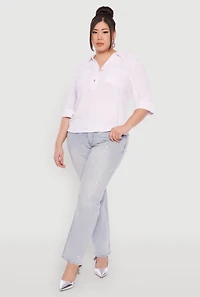 Womens Plus Size Airy Half Button Shirt, White, Size 2X