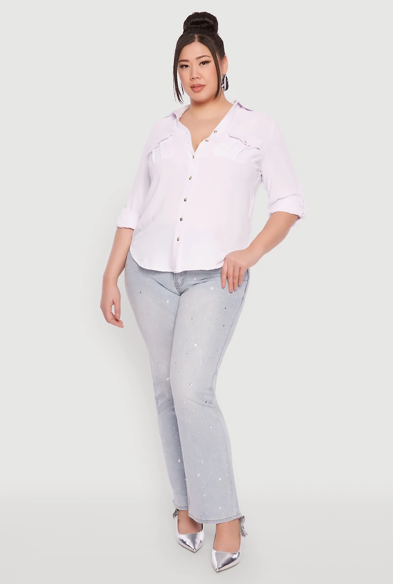 Womens Plus Airy Tabbed Sleeve Shirt, 2X