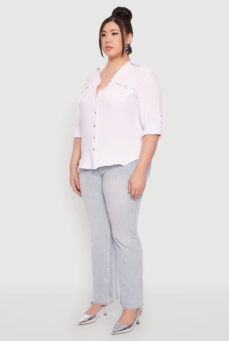 Womens Plus Airy Tabbed Sleeve Shirt, 2X