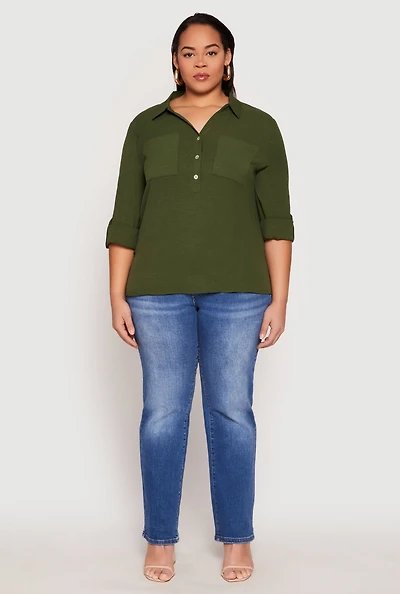 Womens Plus Airy Half Button Shirt,