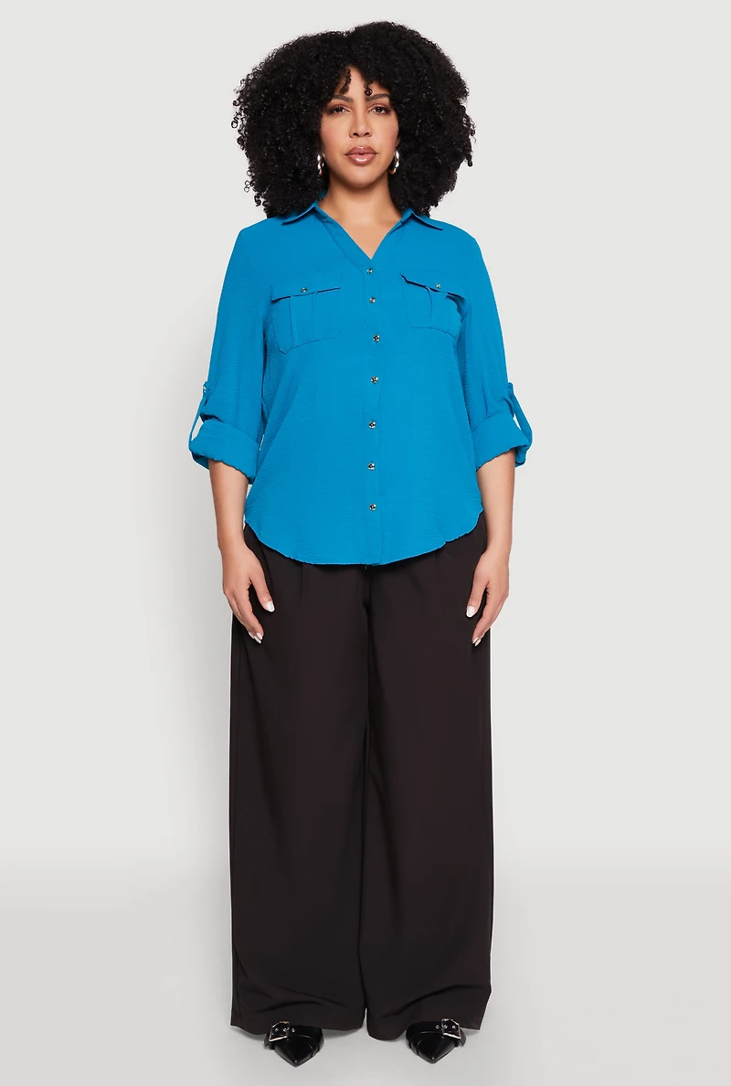 Womens Plus Size Airy Tabbed Sleeve Shirt, Blue, Size 1X