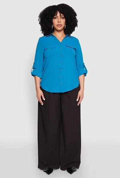 Womens Plus Size Airy Tabbed Sleeve Shirt, Blue, Size 1X
