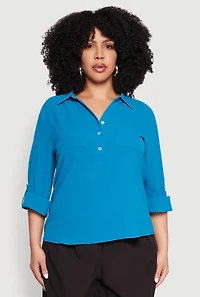 Womens Plus Airy Half Button Shirt, 2X