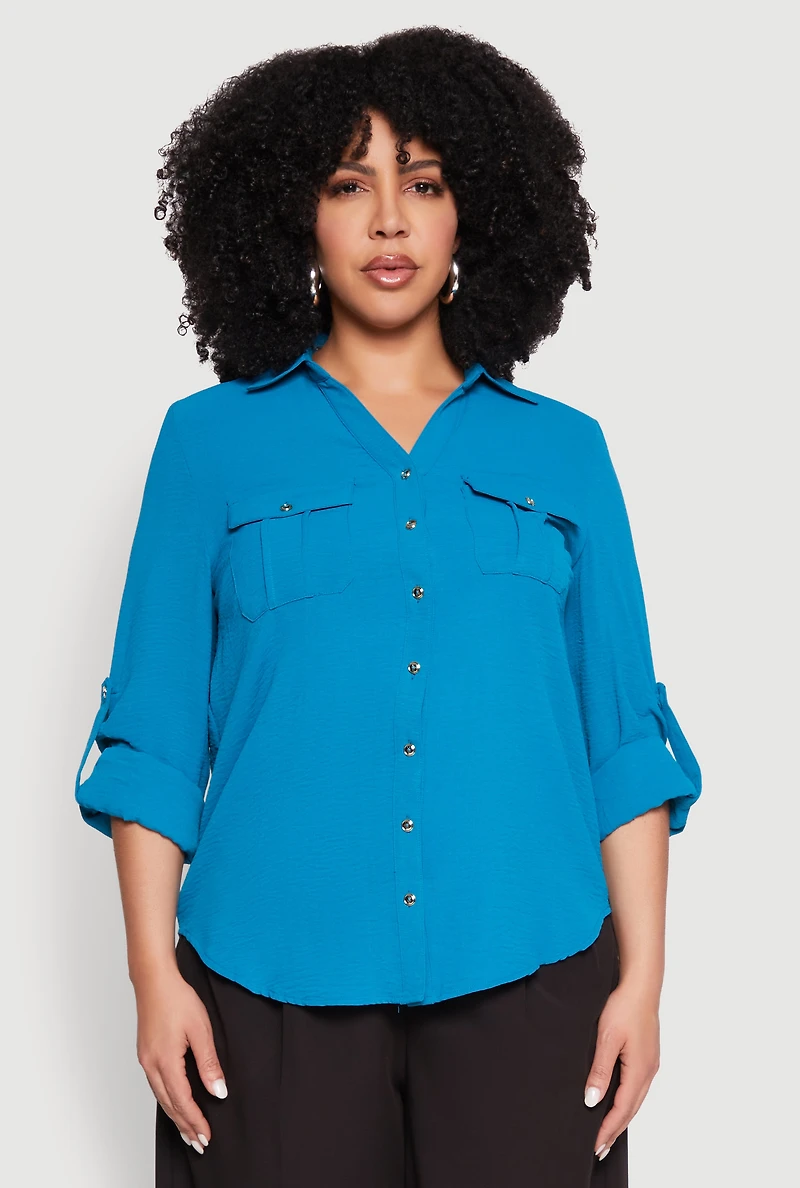 Womens Plus Size Airy Tabbed Sleeve Shirt, Blue, Size 1X
