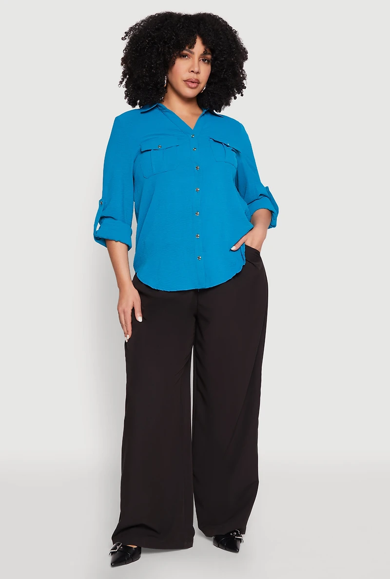 Womens Plus Size Airy Tabbed Sleeve Shirt, Blue, Size 1X
