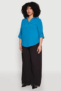 Womens Plus Size Airy Tabbed Sleeve Shirt, Blue, Size 1X