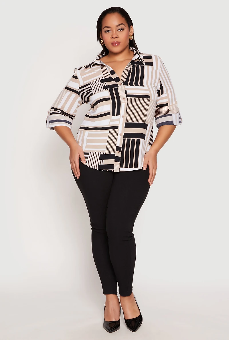Womens Plus Size Abstract Striped Button Front Shirt, Multi, Size 3X