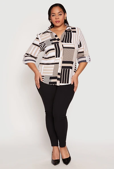 Womens Plus Size Abstract Striped Button Front Shirt, Multi, Size 3X