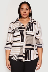 Womens Plus Size Abstract Striped Button Front Shirt, Multi, Size 3X