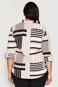 Womens Plus Size Abstract Striped Button Front Shirt, Multi, Size 3X