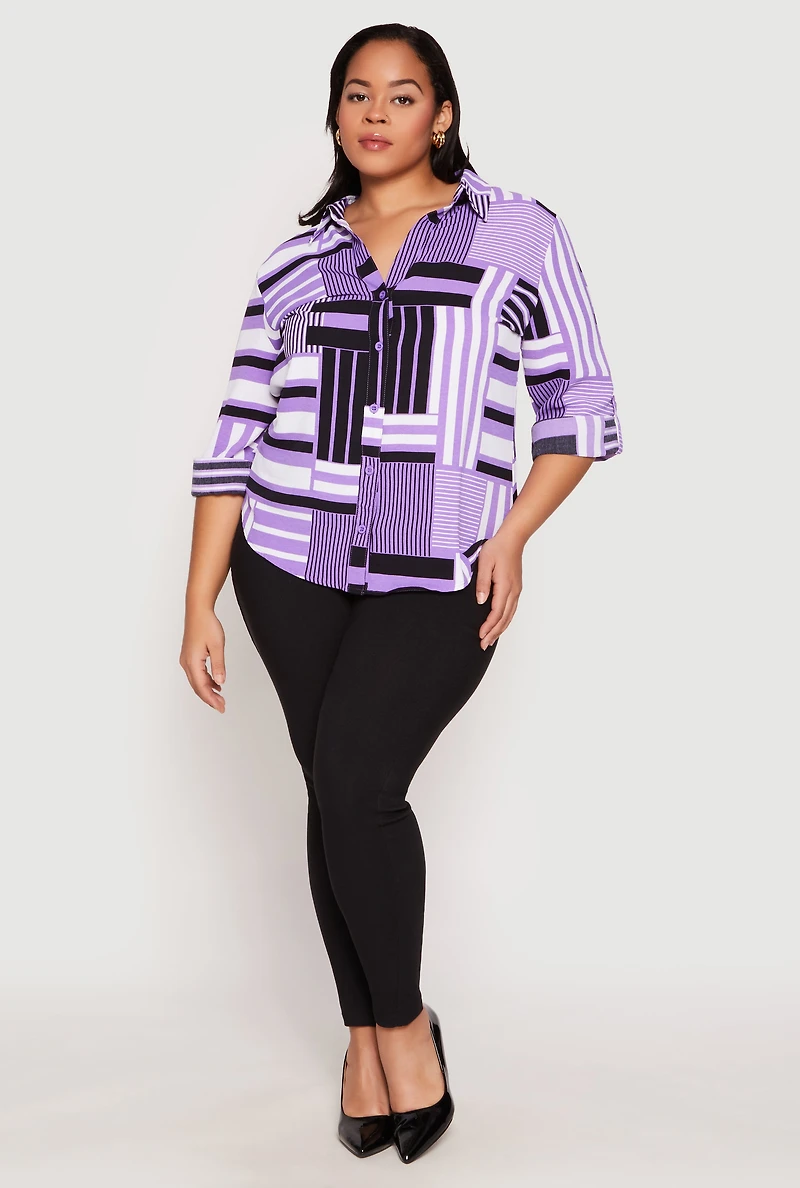 Plus Abstract Striped Button Front Shirt