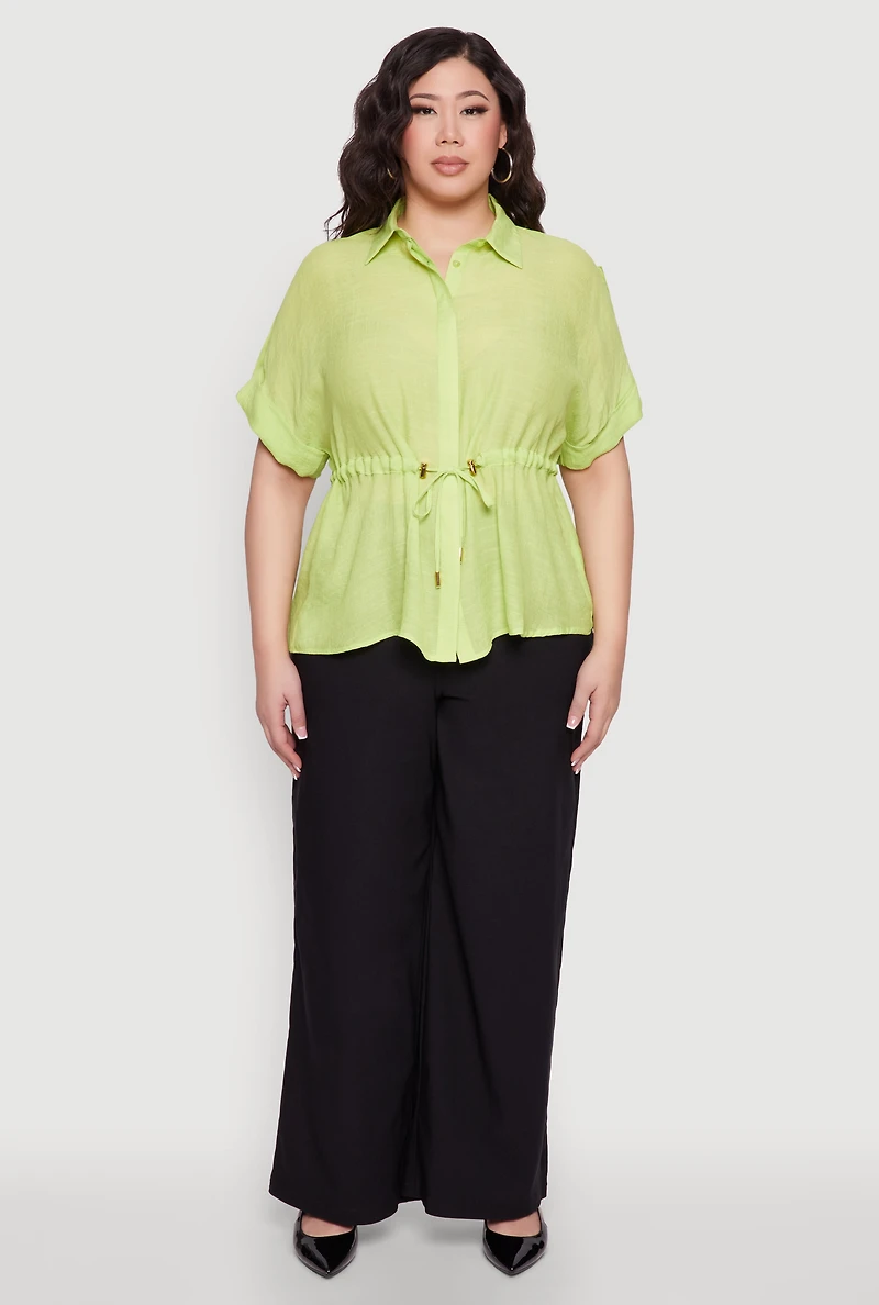 Womens Plus Drawstring Waist Shirt, Green,