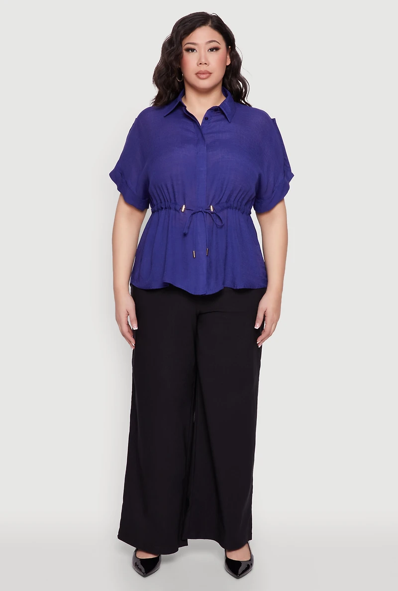 Womens Plus Size Drawstring Waist Shirt, Blue, Size 1X