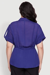 Womens Plus Size Drawstring Waist Shirt, Blue, Size 1X